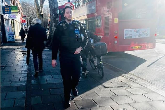 PCSO Randles on patrol on Chiswick High Road