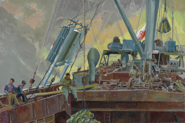 “Sea Transport: Poles loading bombs. Watercolour, 1944” - Ray Howard-Jones