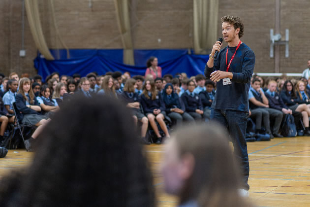 Will Poulter in the Chiswick School sports hall 