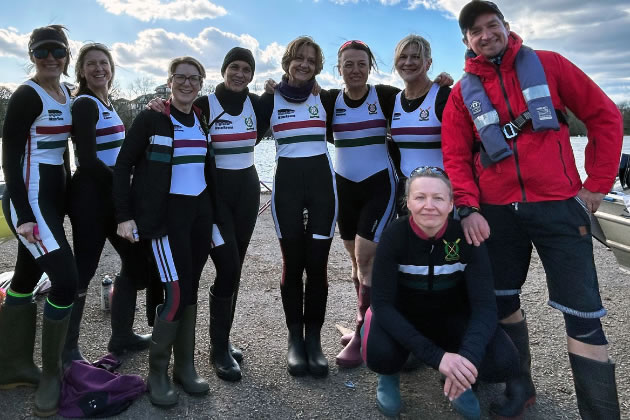 Thames Tradesmen’s Women (L to R): Louise Martin, Barbara Kielim, Jacqui Sutherland, Jackie Marie, Sue Holland, Hana Fegutova, Lisa Colles, Kasia Wroblewska and Michael Tchoubouroff (cox) 