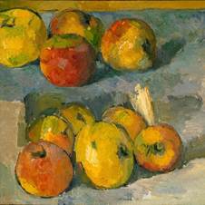 A painting of apples on a table  Description automatically generated